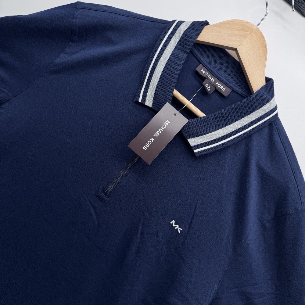 Michael Kors Mens Large Quarter Zip Polo Shirt Midnight Blue Cotton